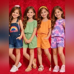 Girls Bundle Size 10/12 Mixed Brand 4 Outfits Set Denim Overalls Tie Dye Summer